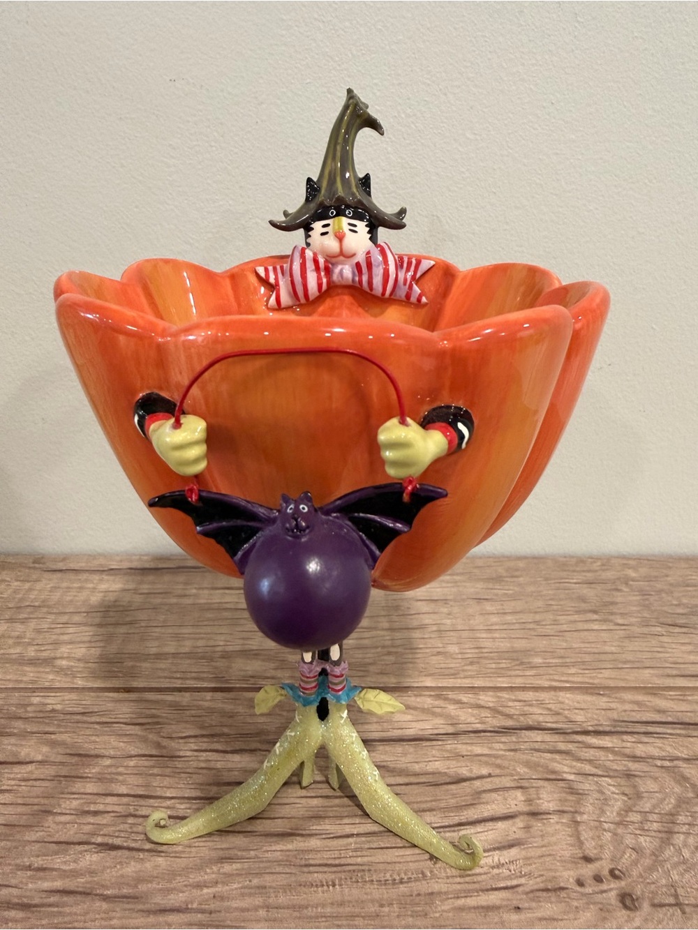 Dept 56 Halloween Krinkles Pumpkin Cat Candy Dish By Patience Brewster Read